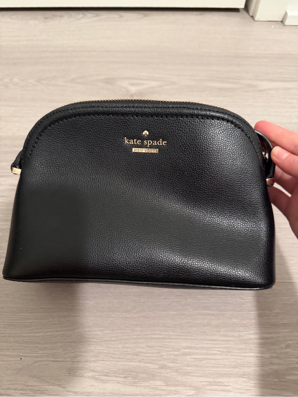 kate spade Black Pebbled Leather Cosmetic Bag with Gold Logo